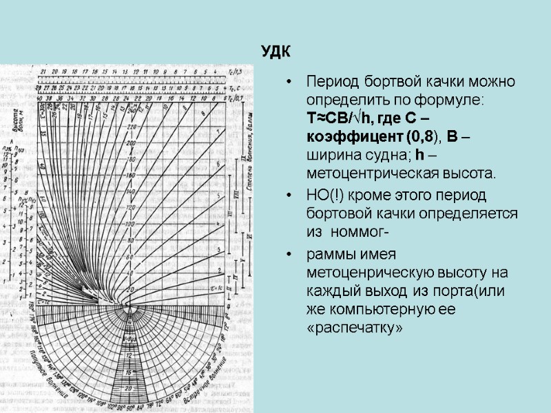 УДК Период бортвой качки можно определить по формуле:  Т≈СВ/√h, где С – коэффицент